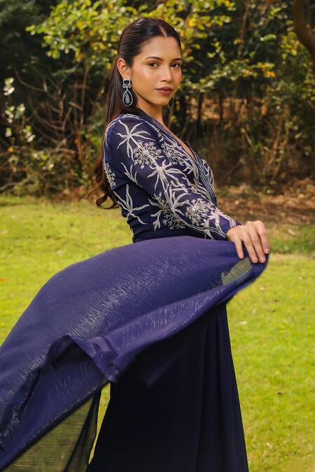 Buy Ajiesh Oberoi Blue Organza, Georgette, Lurex Rumi Floral Jumpsuit With Detachable Flaps Buy_Ajiesh Oberoi_Blue Organza, Georgette, Lurex Rumi Floral Jumpsuit With Detachable Flaps