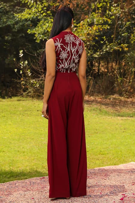 Shop Ajiesh Oberoi Wine Organza, Georgette Embroidery V-neck Ena Floral Jumpsuit at Aza Fashions Shop_Ajiesh Oberoi_Wine Organza, Georgette Embroidery V-neck Ena Floral Jumpsuit _at_Aza_Fashions