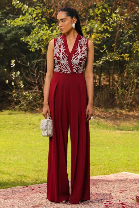 Ajiesh Oberoi Wine Organza, Georgette Embroidery V-neck Ena Floral Jumpsuit Online at Aza Fashions Ajiesh Oberoi_Wine Organza, Georgette Embroidery V-neck Ena Floral Jumpsuit _Online_at_Aza_Fashions