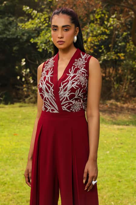 Shop Ajiesh Oberoi Wine Organza, Georgette Embroidery V-neck Ena Floral Jumpsuit Online at Aza Fashions Shop_Ajiesh Oberoi_Wine Organza, Georgette Embroidery V-neck Ena Floral Jumpsuit _Online_at_Aza_Fashions