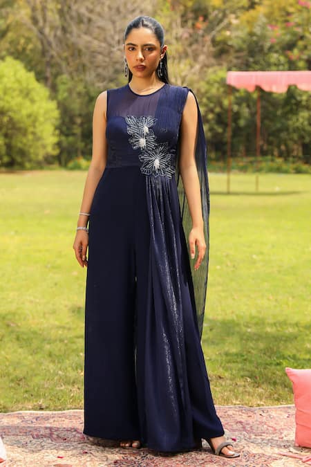 Ajiesh Oberoi Blue Organza Embroidered Floral Round Sanam Draped Jumpsuit 