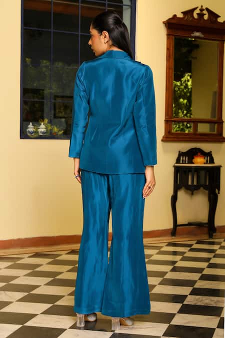 Shop Ajiesh Oberoi Blue Muslin, Silk, Cotton Crystals Vaani Deer Motif Embroidered Jacket Pant Set at Aza Fashions Shop_Ajiesh Oberoi_Blue Muslin, Silk, Cotton Crystals Vaani Deer Motif Embroidered Jacket Pant Set _at_Aza_Fashions