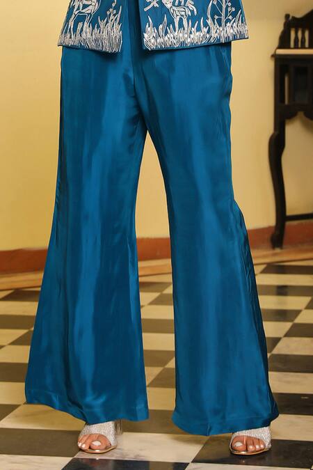 Ajiesh Oberoi Blue Muslin, Silk, Cotton Crystals Vaani Deer Motif Embroidered Jacket Pant Set Online at Aza Fashions Ajiesh Oberoi_Blue Muslin, Silk, Cotton Crystals Vaani Deer Motif Embroidered Jacket Pant Set _Online_at_Aza_Fashions