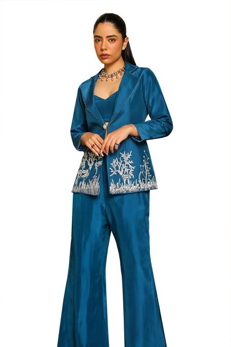 Buy Ajiesh Oberoi Blue Muslin, Silk, Cotton Crystals Vaani Deer Motif Embroidered Jacket Pant Set Online at Aza Fashions Buy_Ajiesh Oberoi_Blue Muslin, Silk, Cotton Crystals Vaani Deer Motif Embroidered Jacket Pant Set _Online_at_Aza_Fashions
