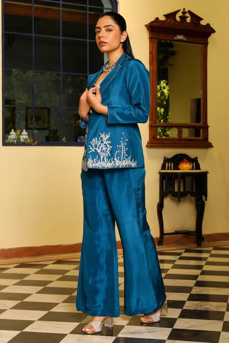 Shop Ajiesh Oberoi Blue Muslin, Silk, Cotton Crystals Vaani Deer Motif Embroidered Jacket Pant Set Online at Aza Fashions Shop_Ajiesh Oberoi_Blue Muslin, Silk, Cotton Crystals Vaani Deer Motif Embroidered Jacket Pant Set _Online_at_Aza_Fashions