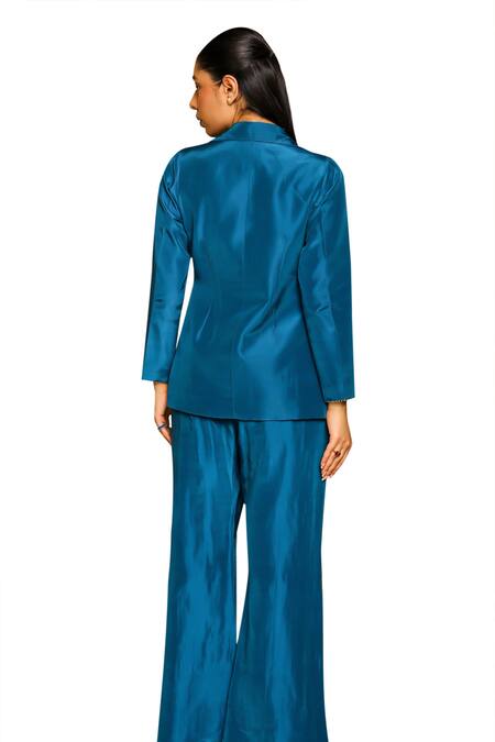 Ajiesh Oberoi Blue Muslin, Silk, Cotton Crystals Vaani Deer Motif Embroidered Jacket Pant Set at Aza Fashions Ajiesh Oberoi_Blue Muslin, Silk, Cotton Crystals Vaani Deer Motif Embroidered Jacket Pant Set _at_Aza_Fashions