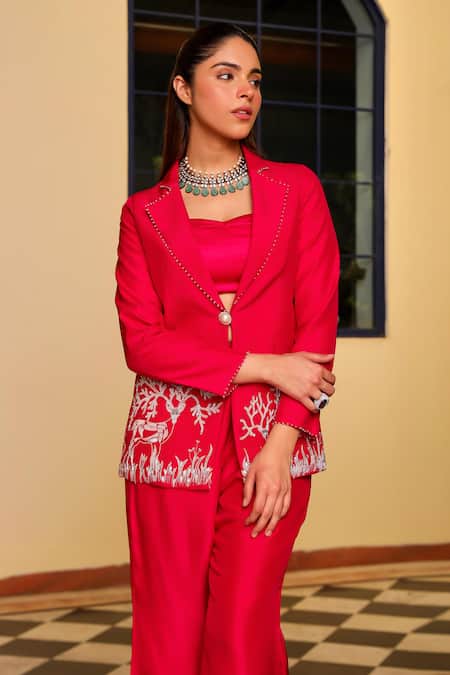 Buy Ajiesh Oberoi Pink Muslin, Silk, Cotton Embroidery, Crystals Collared Work Jacket Pant Set Online at Aza Fashions Buy_Ajiesh Oberoi_Pink Muslin, Silk, Cotton Embroidery, Crystals Collared Work Jacket Pant Set _Online_at_Aza_Fashions