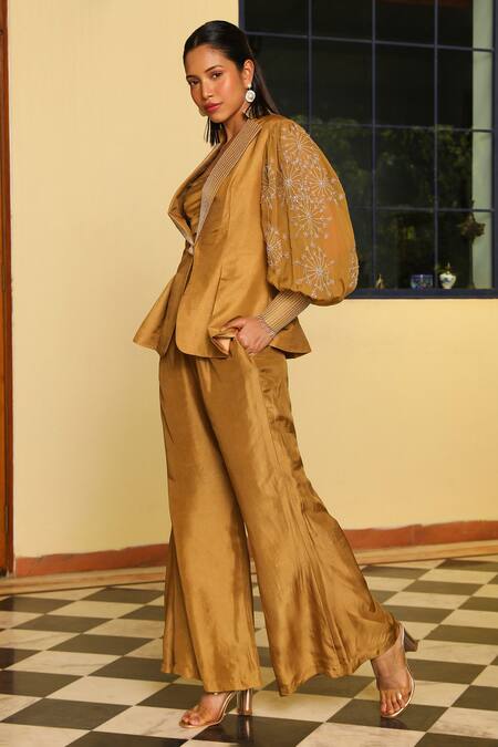 Shop Ajiesh Oberoi Gold Organza, Muslin, Silk, Cotton Sequins, Pia Floral Sleeve Jacket Pant Set Online at Aza Fashions Shop_Ajiesh Oberoi_Gold Organza, Muslin, Silk, Cotton Sequins, Pia Floral Sleeve Jacket Pant Set _Online_at_Aza_Fashions