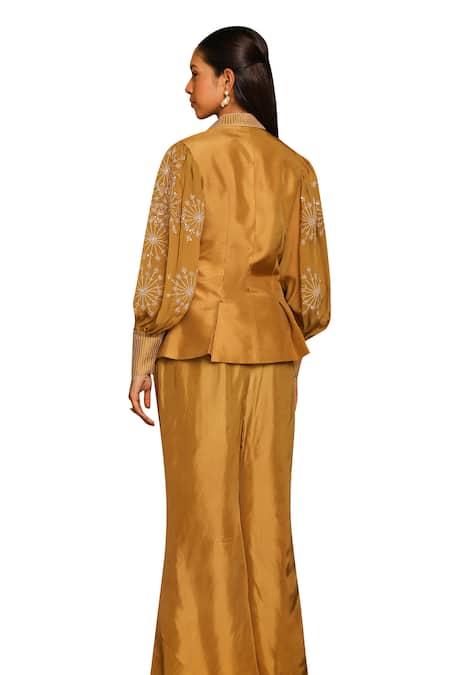 Ajiesh Oberoi Gold Organza, Muslin, Silk, Cotton Sequins, Pia Floral Sleeve Jacket Pant Set at Aza Fashions Ajiesh Oberoi_Gold Organza, Muslin, Silk, Cotton Sequins, Pia Floral Sleeve Jacket Pant Set _at_Aza_Fashions