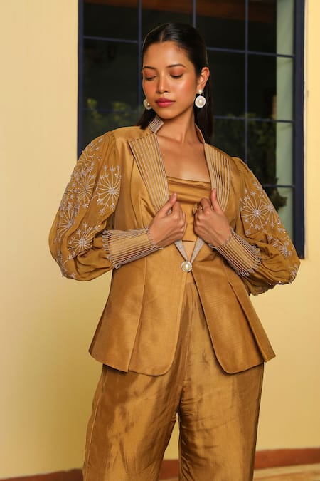Buy Ajiesh Oberoi Gold Organza, Muslin, Silk, Cotton Sequins, Pia Floral Sleeve Jacket Pant Set Buy_Ajiesh Oberoi_Gold Organza, Muslin, Silk, Cotton Sequins, Pia Floral Sleeve Jacket Pant Set