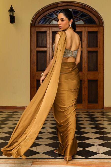 Shop Ajiesh Oberoi Gold Silk, Organza, Muslin Cut Work, Khwaish Pre-draped Saree With Blouse at Aza Fashions Shop_Ajiesh Oberoi_Gold Silk, Organza, Muslin Cut Work, Khwaish Pre-draped Saree With Blouse _at_Aza_Fashions