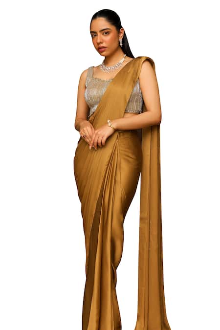 Ajiesh Oberoi Gold Silk, Organza, Muslin Cut Work, Khwaish Pre-draped Saree With Blouse Online at Aza Fashions Ajiesh Oberoi_Gold Silk, Organza, Muslin Cut Work, Khwaish Pre-draped Saree With Blouse _Online_at_Aza_Fashions
