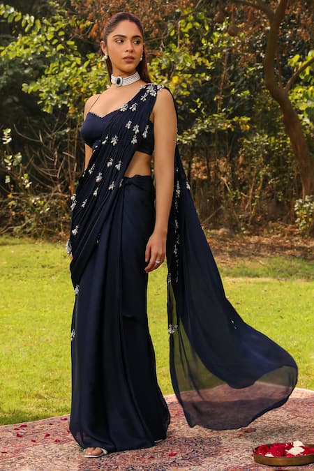 Ajiesh Oberoi Blue Chiffon Embroidered Bead Mishri Tasseled Pre-draped Saree With Blouse 