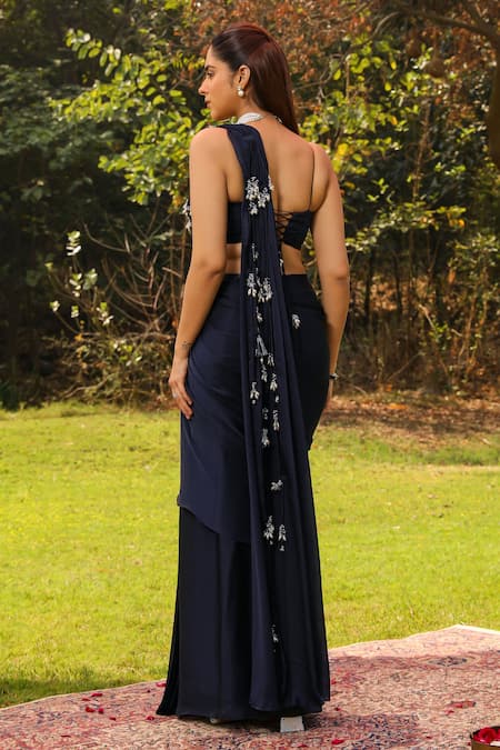 Shop Ajiesh Oberoi Blue Chiffon, Modal, Satin Beads, Tassels Mishri Pre-draped Saree With Blouse at Aza Fashions Shop_Ajiesh Oberoi_Blue Chiffon, Modal, Satin Beads, Tassels Mishri Pre-draped Saree With Blouse _at_Aza_Fashions