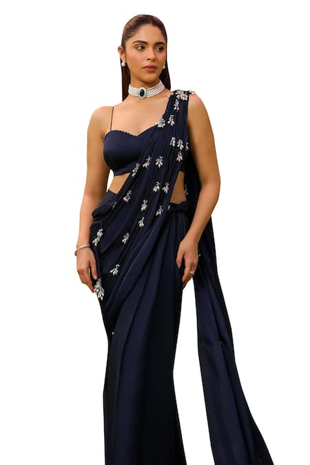 Ajiesh Oberoi Blue Chiffon, Modal, Satin Beads, Tassels Mishri Pre-draped Saree With Blouse Online at Aza Fashions Ajiesh Oberoi_Blue Chiffon, Modal, Satin Beads, Tassels Mishri Pre-draped Saree With Blouse _Online_at_Aza_Fashions