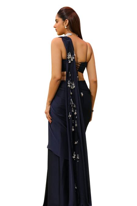 Buy Ajiesh Oberoi Blue Chiffon, Modal, Satin Beads, Tassels Mishri Pre-draped Saree With Blouse Online at Aza Fashions Buy_Ajiesh Oberoi_Blue Chiffon, Modal, Satin Beads, Tassels Mishri Pre-draped Saree With Blouse _Online_at_Aza_Fashions