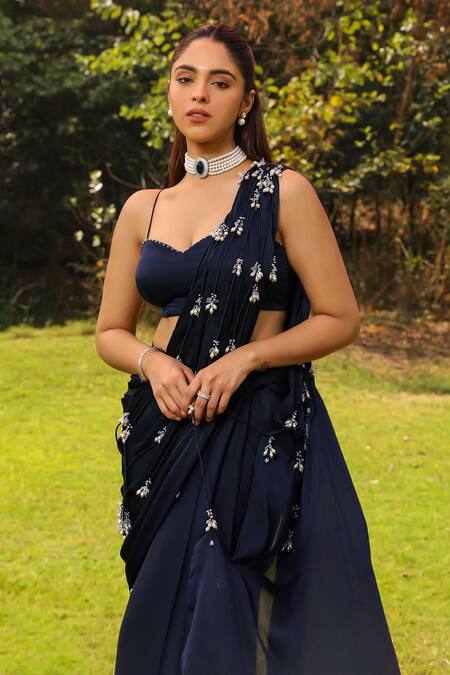 Shop Ajiesh Oberoi Blue Chiffon, Modal, Satin Beads, Tassels Mishri Pre-draped Saree With Blouse Online at Aza Fashions Shop_Ajiesh Oberoi_Blue Chiffon, Modal, Satin Beads, Tassels Mishri Pre-draped Saree With Blouse _Online_at_Aza_Fashions