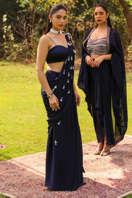 Ajiesh Oberoi Blue Chiffon, Modal, Satin Beads, Tassels Mishri Pre-draped Saree With Blouse at Aza Fashions Ajiesh Oberoi_Blue Chiffon, Modal, Satin Beads, Tassels Mishri Pre-draped Saree With Blouse _at_Aza_Fashions