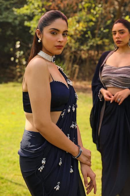 Buy Ajiesh Oberoi Blue Chiffon, Modal, Satin Beads, Tassels Mishri Pre-draped Saree With Blouse Buy_Ajiesh Oberoi_Blue Chiffon, Modal, Satin Beads, Tassels Mishri Pre-draped Saree With Blouse