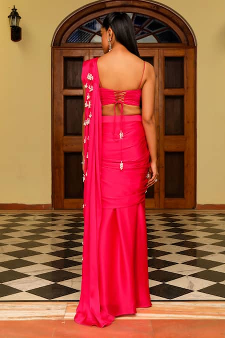 Shop Ajiesh Oberoi Pink Chiffon, Modal, Satin Crystals Mishri Tasseled Pre-draped Saree With Blouse at Aza Fashions Shop_Ajiesh Oberoi_Pink Chiffon, Modal, Satin Crystals Mishri Tasseled Pre-draped Saree With Blouse _at_Aza_Fashions