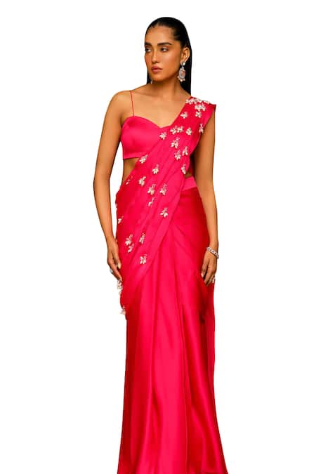 Buy Ajiesh Oberoi Pink Chiffon, Modal, Satin Crystals Mishri Tasseled Pre-draped Saree With Blouse Online at Aza Fashions Buy_Ajiesh Oberoi_Pink Chiffon, Modal, Satin Crystals Mishri Tasseled Pre-draped Saree With Blouse _Online_at_Aza_Fashions