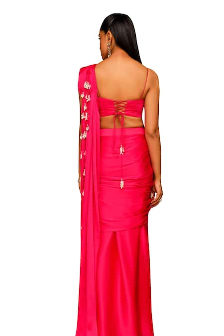 Shop Ajiesh Oberoi Pink Chiffon, Modal, Satin Crystals Mishri Tasseled Pre-draped Saree With Blouse Online at Aza Fashions Shop_Ajiesh Oberoi_Pink Chiffon, Modal, Satin Crystals Mishri Tasseled Pre-draped Saree With Blouse _Online_at_Aza_Fashions
