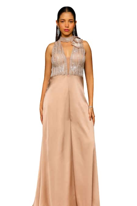 Ajiesh Oberoi_Beige Organza, Chiffon Pearls, Beads Ritaa 3d Floral Applique Work Jumpsuit _Online_at_Aza_Fashions