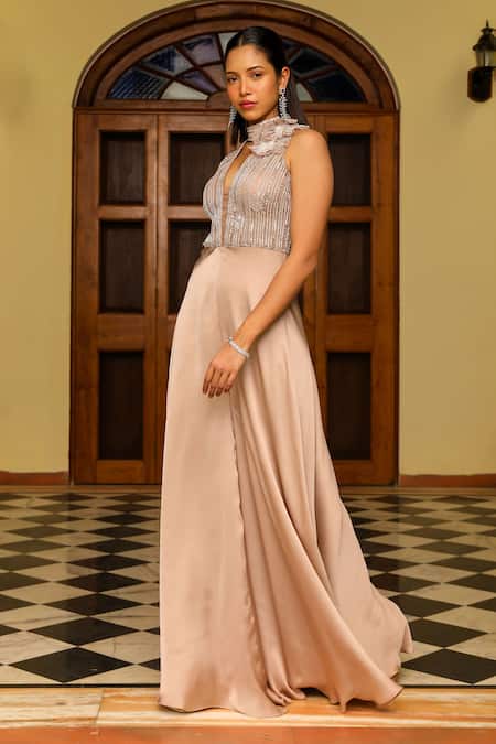 Buy_Ajiesh Oberoi_Beige Organza, Chiffon Pearls, Beads Ritaa 3d Floral Applique Work Jumpsuit _Online_at_Aza_Fashions