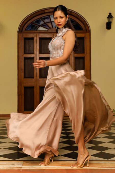 Shop_Ajiesh Oberoi_Beige Organza, Chiffon Pearls, Beads Ritaa 3d Floral Applique Work Jumpsuit _Online_at_Aza_Fashions
