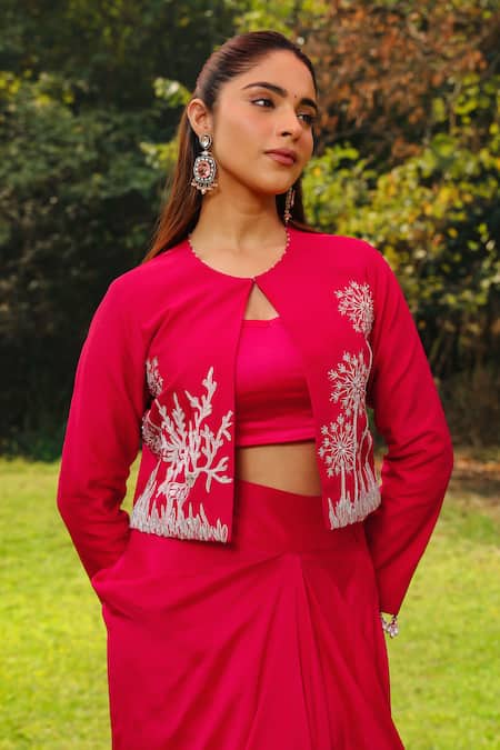 Shop Ajiesh Oberoi Pink Modal, Satin, Silk Ghazal Deer Motif Embroidered Jacket Draped Skirt Set at Aza Fashions Shop_Ajiesh Oberoi_Pink Modal, Satin, Silk Ghazal Deer Motif Embroidered Jacket Draped Skirt Set _at_Aza_Fashions