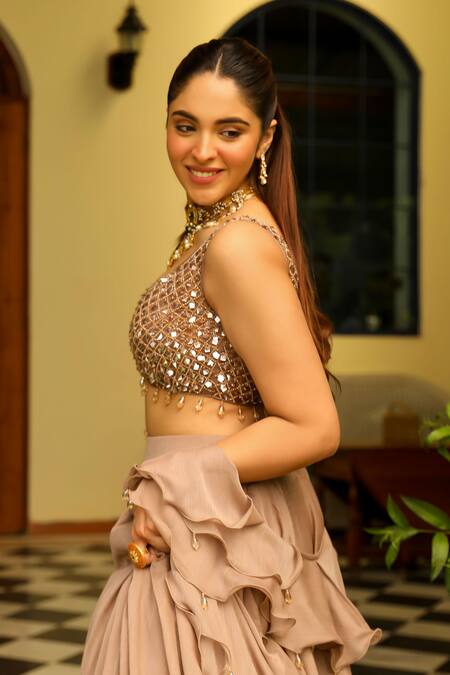 Ajiesh Oberoi Pink Organza, Lurex Beads, Pearls Sweetheart Neck Saanvi Flared Lehenga Set Online at Aza Fashions Ajiesh Oberoi_Pink Organza, Lurex Beads, Pearls Sweetheart Neck Saanvi Flared Lehenga Set _Online_at_Aza_Fashions