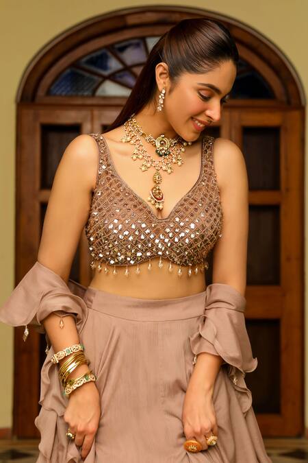 Buy Ajiesh Oberoi Pink Organza, Lurex Beads, Pearls Sweetheart Neck Saanvi Flared Lehenga Set Buy_Ajiesh Oberoi_Pink Organza, Lurex Beads, Pearls Sweetheart Neck Saanvi Flared Lehenga Set