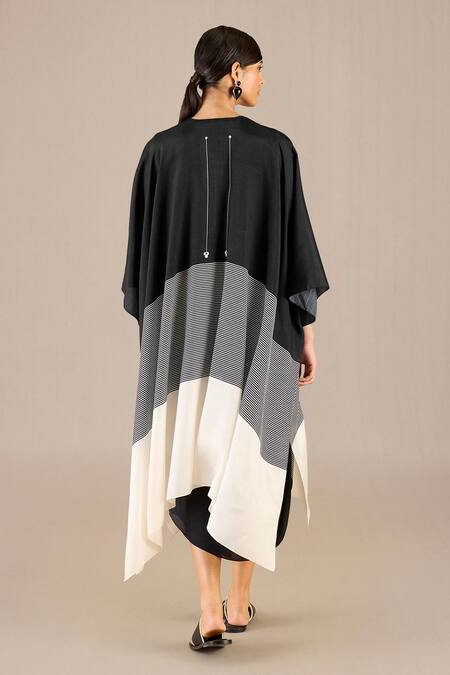Ampm_Black Silk Buckles Round Neck Riha Stripe Detailed Cape With Dress _Online_at_Aza_Fashions