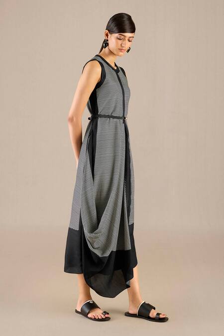 Shop_Ampm_Black Silk Buckles Round Neck Riha Stripe Detailed Cape With Dress _Online_at_Aza_Fashions