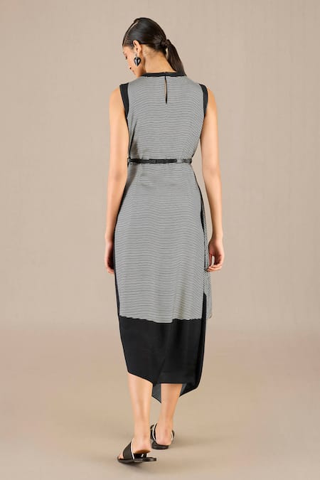 Ampm_Black Silk Buckles Round Neck Riha Stripe Detailed Cape With Dress _at_Aza_Fashions