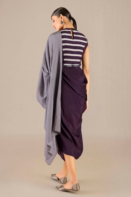 Shop_Ampm_Purple Silk Round Neck Abha Stripe Detailed Pre-draped Saree Gown_at_Aza_Fashions