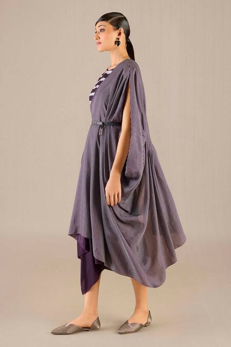 Ampm_Purple Silk Round Neck Abha Stripe Detailed Pre-draped Saree Gown_Online_at_Aza_Fashions