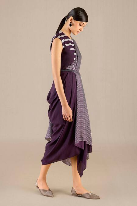 Buy_Ampm_Purple Silk Round Neck Abha Stripe Detailed Pre-draped Saree Gown_Online_at_Aza_Fashions