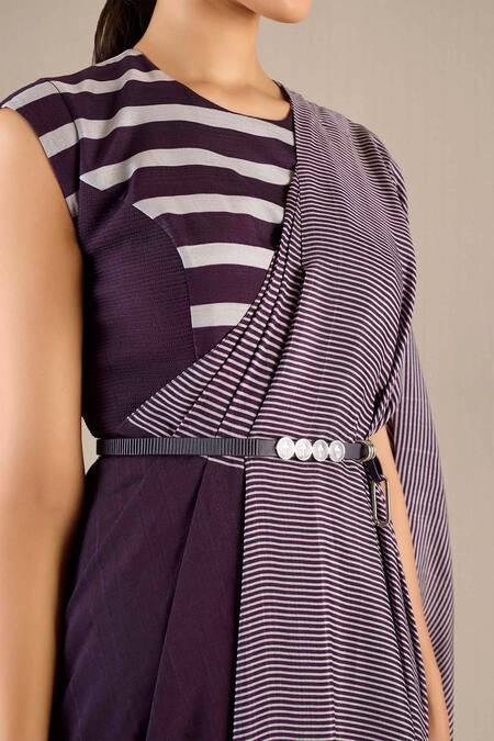 Shop_Ampm_Purple Silk Round Neck Abha Stripe Detailed Pre-draped Saree Gown_Online_at_Aza_Fashions