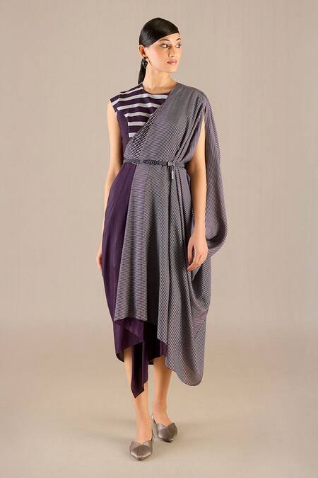 Ampm_Purple Silk Round Neck Abha Stripe Detailed Pre-draped Saree Gown_at_Aza_Fashions