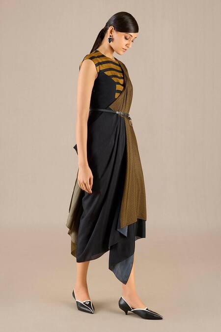 Shop Ampm Black Silk Round Neck Stripe Detailed Pre-draped Saree Gown Online at Aza Fashions Shop_Ampm_Black Silk Round Neck Stripe Detailed Pre-draped Saree Gown _Online_at_Aza_Fashions