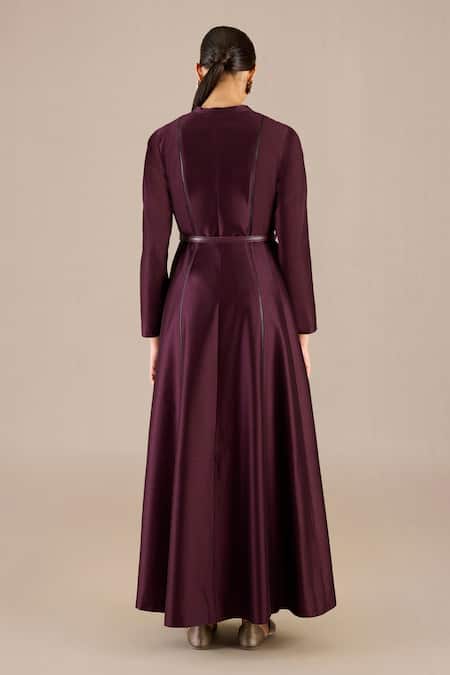 Ampm Purple Chanderi Fabric Flowers Round Neck Rumeha Abaya Jacket Gown With Pant Set Online at Aza Fashions Ampm_Purple Chanderi Fabric Flowers Round Neck Rumeha Abaya Jacket Gown With Pant Set _Online_at_Aza_Fashions