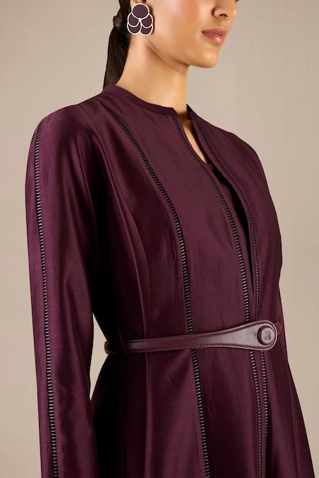 Buy Ampm Purple Chanderi Fabric Flowers Round Neck Rumeha Abaya Jacket Gown With Pant Set Buy_Ampm_Purple Chanderi Fabric Flowers Round Neck Rumeha Abaya Jacket Gown With Pant Set