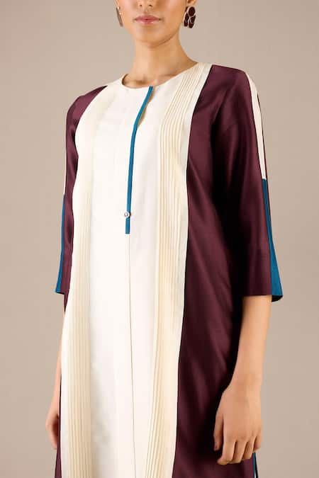 Shop Ampm Purple Chanderi Round Neck Araiah Knife Pleat Detailed Kurta Set Online at Aza Fashions Shop_Ampm_Purple Chanderi Round Neck Araiah Knife Pleat Detailed Kurta Set _Online_at_Aza_Fashions