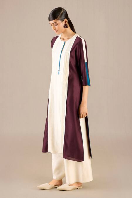 Ampm Purple Chanderi Round Neck Araiah Knife Pleat Detailed Kurta Set at Aza Fashions Ampm_Purple Chanderi Round Neck Araiah Knife Pleat Detailed Kurta Set _at_Aza_Fashions