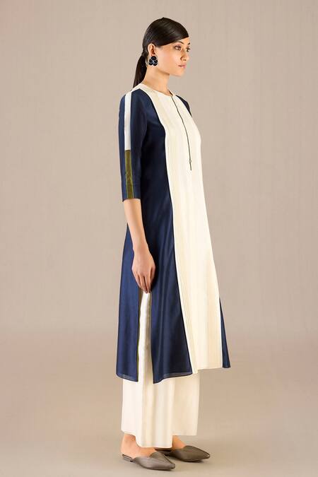 Buy Ampm Blue Chanderi Round Neck Araiah Knife Pleat Detailed Kurta Palazzo Set Buy_Ampm_Blue Chanderi Round Neck Araiah Knife Pleat Detailed Kurta Palazzo Set