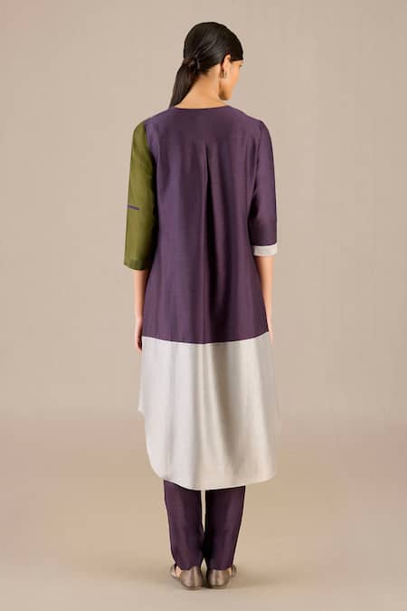 Ampm_Purple Chanderi V-neck Gaia Color-block Kurta With Pant _Online_at_Aza_Fashions