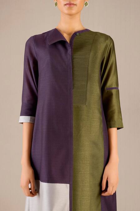 Buy_Ampm_Purple Chanderi V-neck Gaia Color-block Kurta With Pant _Online_at_Aza_Fashions