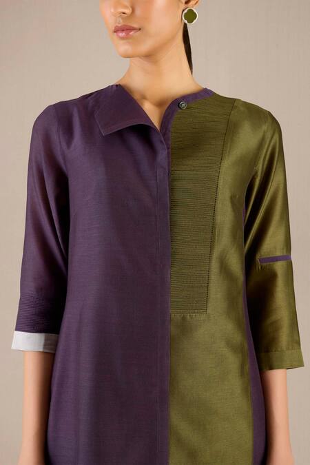 Shop_Ampm_Purple Chanderi V-neck Gaia Color-block Kurta With Pant _Online_at_Aza_Fashions