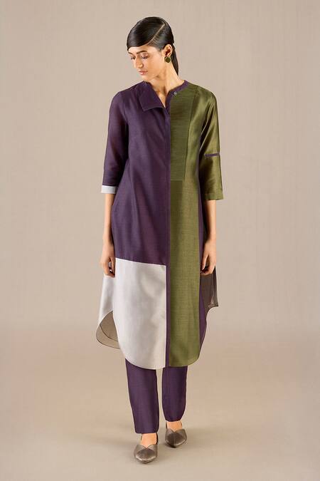 Ampm_Purple Chanderi V-neck Gaia Color-block Kurta With Pant _at_Aza_Fashions